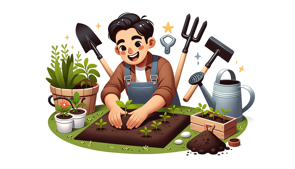 Guy planting saplings in garden